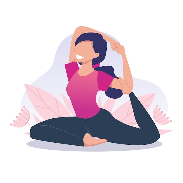 A young and happy girl practices yoga and meditates, pigeon pose. Physical and spiritual practice. Vector illustration in flat cartoon style.