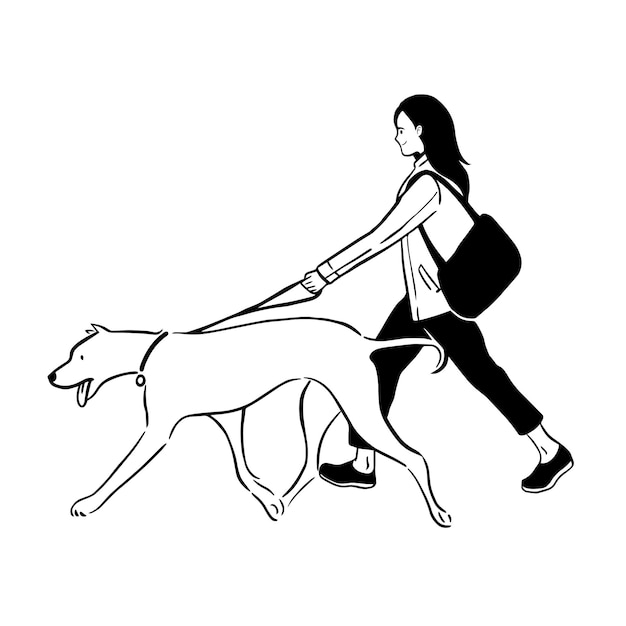 Young happy girl walks with a dog. Girl and Dog Trendy Line Art Drawing.