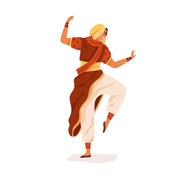 Vector young happy indian dancer performing traditional folk dance. woman dancing in ethnic national clothes of india. colored flat vector illustration of hindu artist isolated on white background.