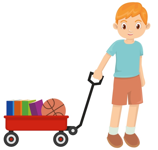 Vector young happy little boy playing with red wagon