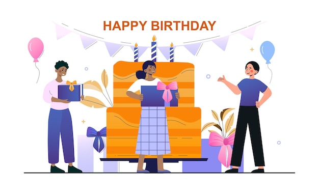 Vector young happy male and female characters are holding birthday pesents for a birthday friend young