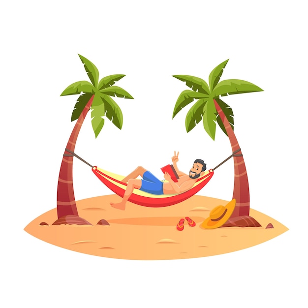 Young happy man relaxing on the beach in a hammock under the palm trees