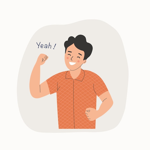 Young happy man show Yeah positive gesture approval gesturing Vector flat style cartoon illustration