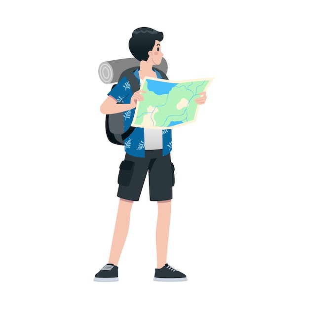 Вектор Молодой счастливый туристический плоский мультипликационный персонаж, путешествующий мужчинами на летних каникулах, изолированный на белом фоне