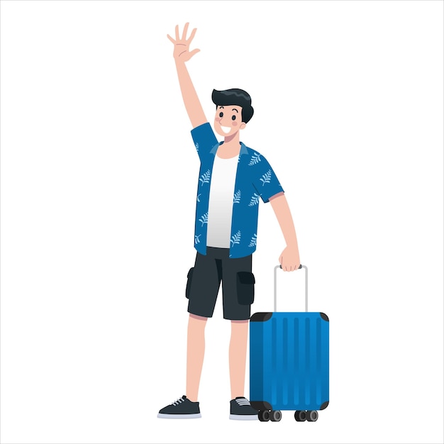 Vector young happy man tourist flat cartoon character traveling male people on summer vacation trip isolated on white background