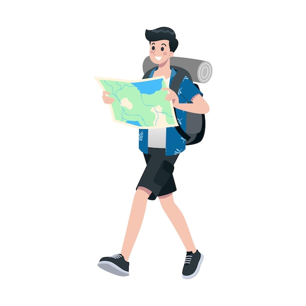 Young happy man tourist flat cartoon character Traveling male people on summer vacation trip Isolated on white background