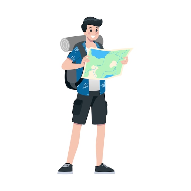 Молодой счастливый туристический плоский мультипликационный персонаж, путешествующий мужчинами на летних каникулах, изолированный на белом фоне