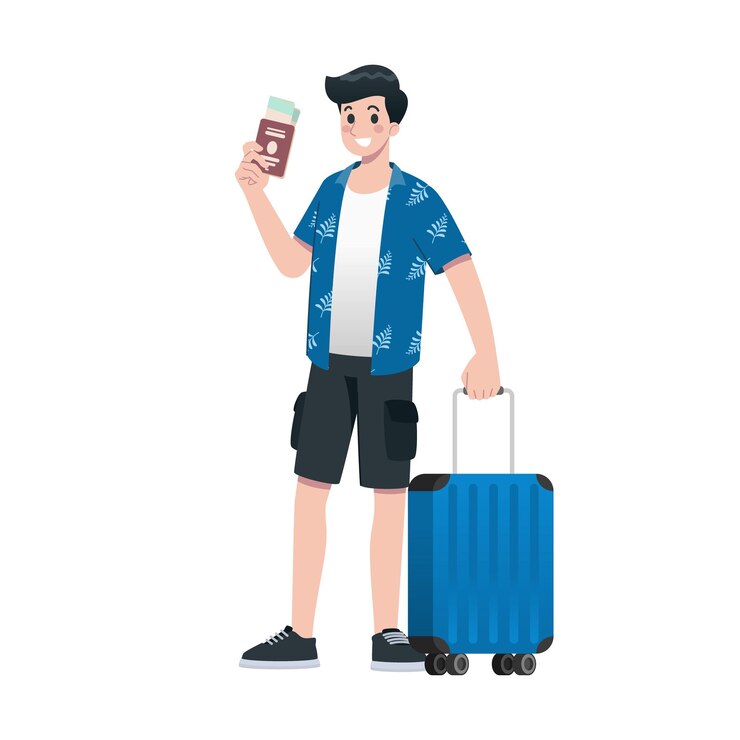 若い, 幸せな男, 観光客, 平ら, 漫画, 特徴, 旅行, 男性の人々, 上に, 夏休み, 旅行, 隔離された, 白, 背景