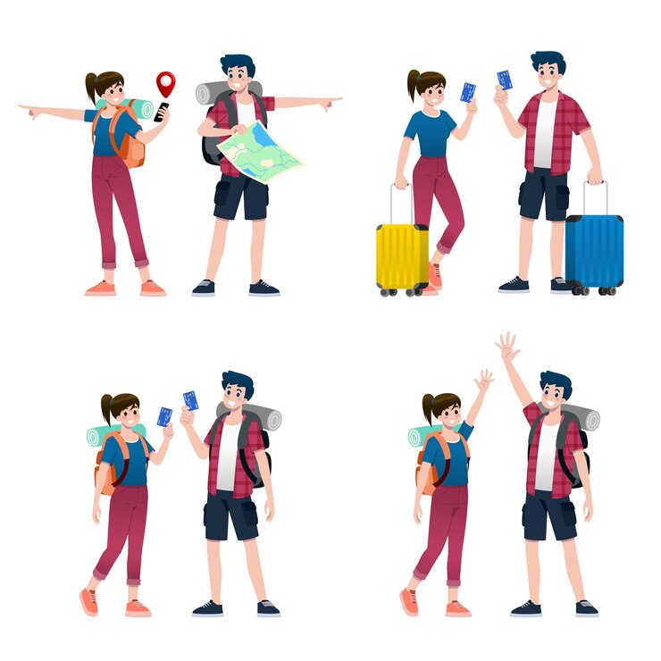 若い幸せな男と女の観光客フラット漫画のキャラクター世界中の男性と女性の人々 の夏休み旅行分離された白い背景の上を旅行
