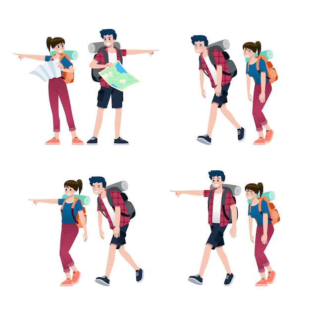 Vector young happy man and woman tourists flat cartoon character around the world traveling male and female people on a summer vacation trip isolated on white background