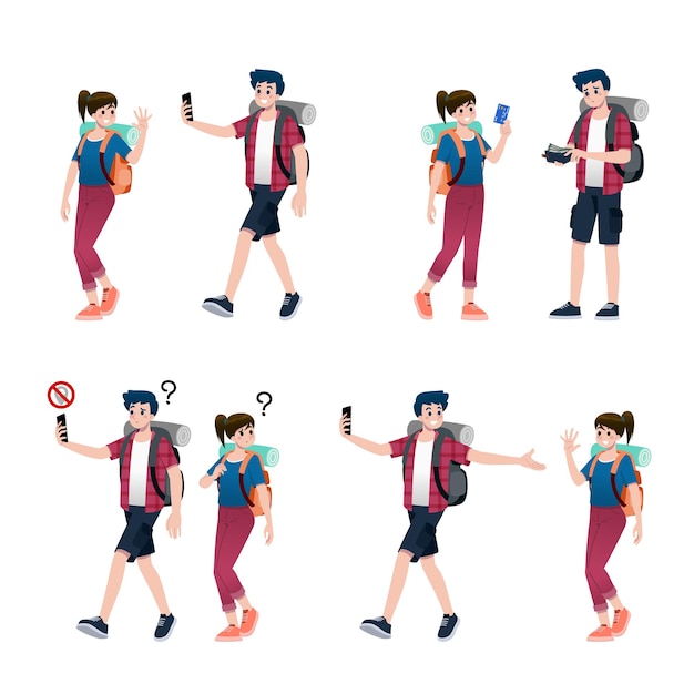 Vector young happy man and woman tourists flat cartoon character around the world traveling male and female people on a summer vacation trip isolated on white background