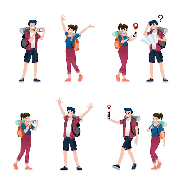 Vector young happy man and woman tourists flat cartoon character around the world traveling male and female people on a summer vacation trip isolated on white background