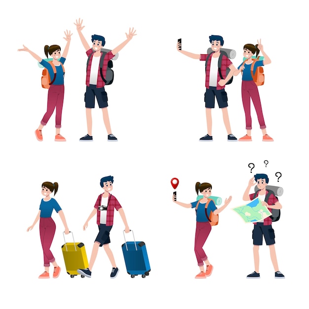 Young happy man and woman tourists flat cartoon character around the world traveling male and female people on a summer vacation trip isolated on white background