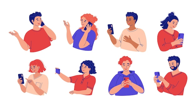 Vector young happy men and women using smartphones, chatting, taking selfies, making calls