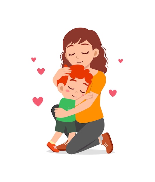 Vector young happy mother hug cute little boy