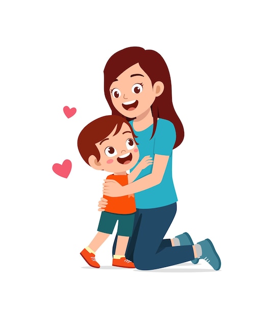 Vector young happy mother hug cute little boy