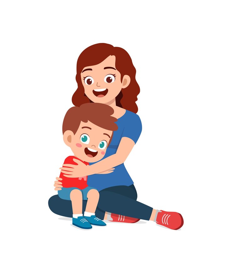 Vector young happy mother hug cute little boy