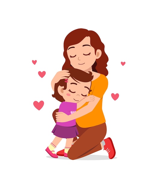 Vector young happy mother hug cute little girl