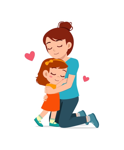 Vector young happy mother hug cute little girl