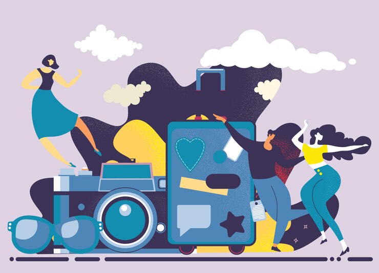 Vector  young happy people going  to vacation.