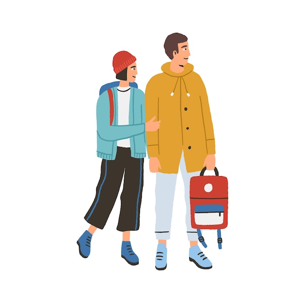 Вектор Молодая счастливая романтическая пара во время путешествия. современный мужчина и женщина в теплой одежде с рюкзаками путешествуют вместе. туристические персонажи изолированы на белом фоне. красочная плоская векторная иллюстрация.
