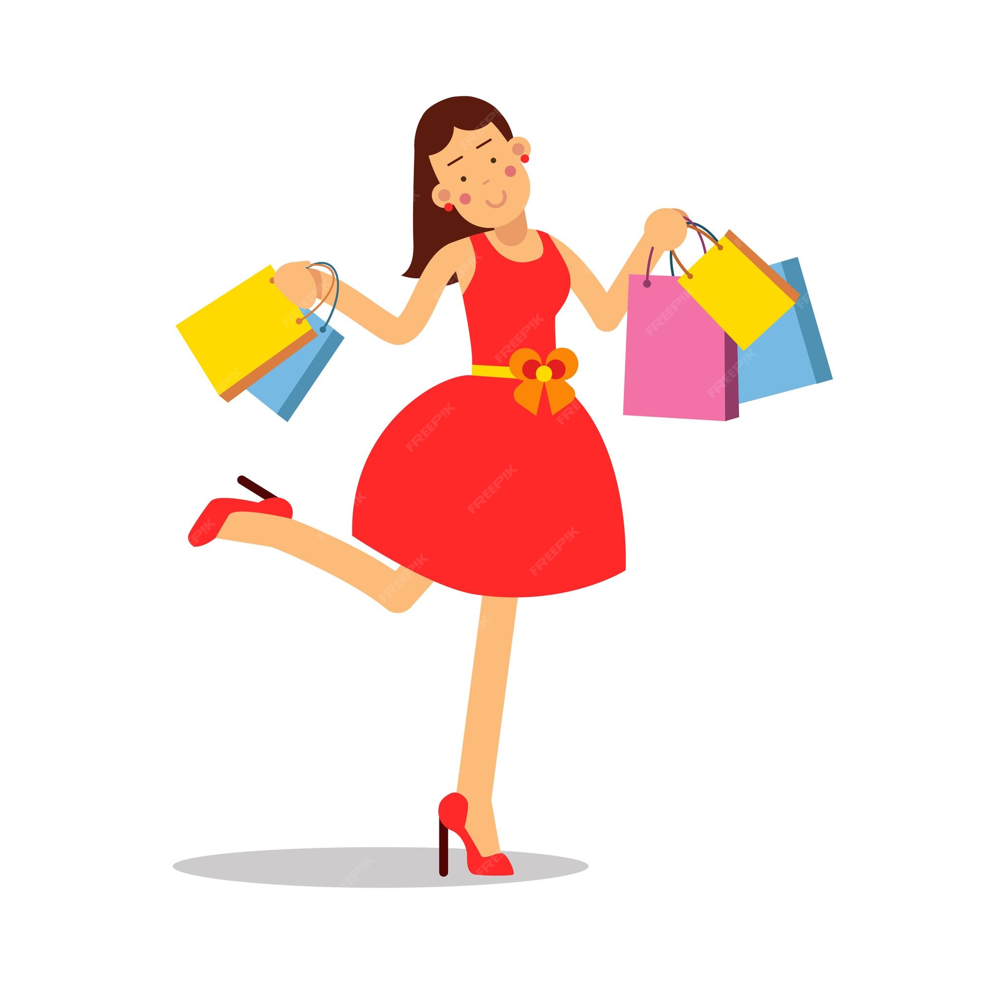 Premium Vector | Young happy smiling woman in red dress standing with shopping bags cartoon character vector illustration isolated on a white background Premium Vector | Young happy smiling woman in red dress standing with shopping bags cartoon character vector illustration isolated on a white background