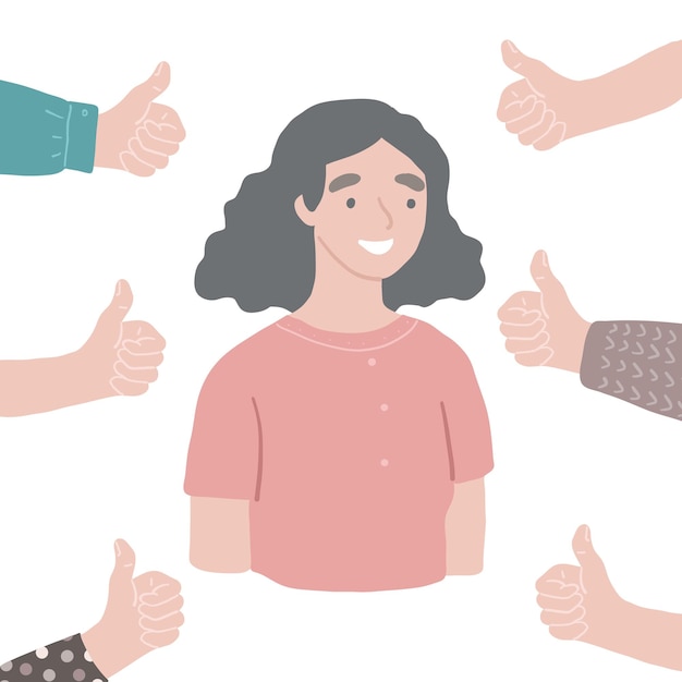 Vector young happy successful respected woman hands with thumbs up around vector people approve concept