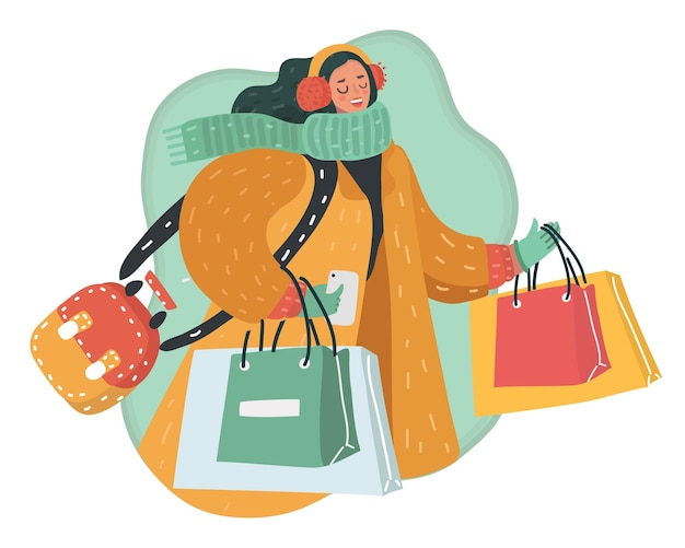 Vector young happy woman holding smartphone and shopping bags in her hands lady with shoulder bag is in warm clothes vector cartoon illustration in modern concept