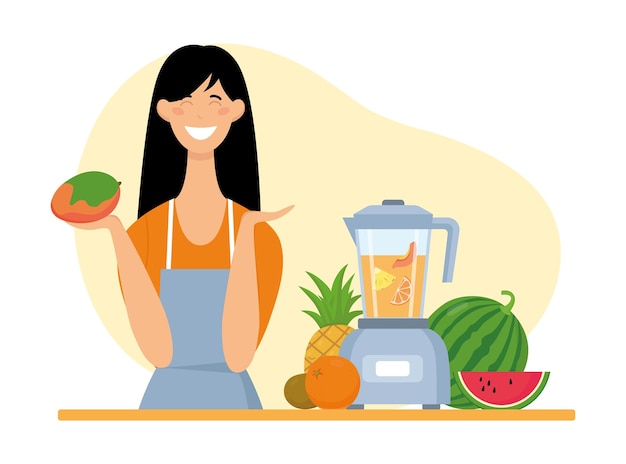 Vector young happy woman making a drink in a fruit blender