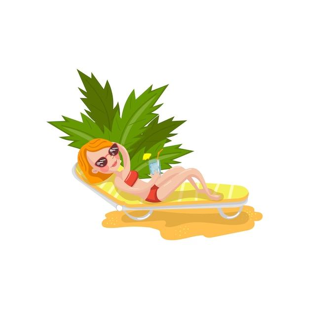 Young happy woman relaxing on a chaise longue cartoon vector Illustration on a white background