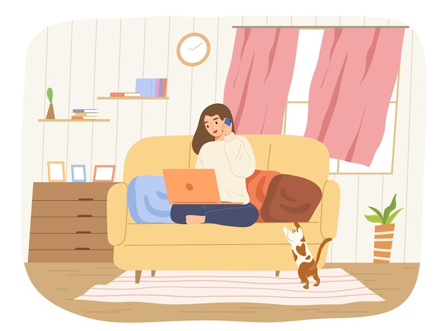 Vector young happy woman sitting on coach using laptop and smartphone in cozy living room