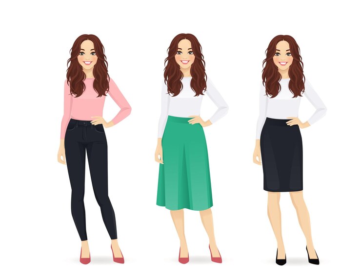 Vector young happy woman with long hair dressed in different casual business style clothes set isolated