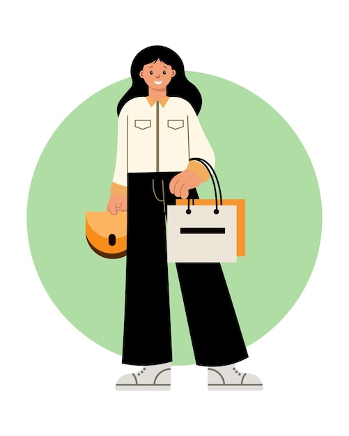 Vector young happy woman with shopping bags shopping concept flat character illustration clip art