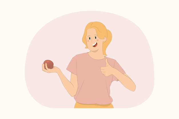 Young healthy vegan girl hold apple fruit show thumb up concept