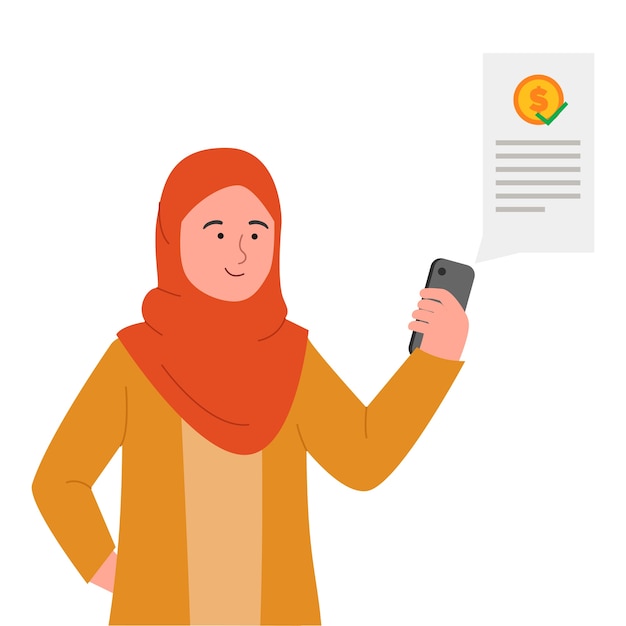 디지털 거래 온라인 전화를 사용하는 젊은 Hijab 여자