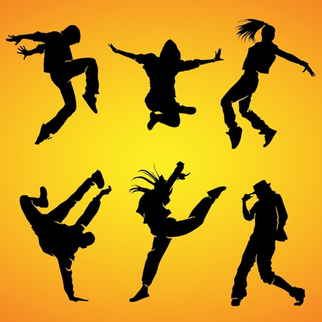 Young hip hop break dancers vector silhouette isolated on white background