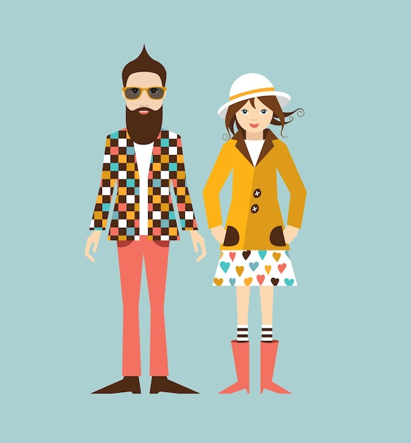 Vector young hipster couple flat illustration