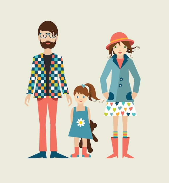 Famiglia giovane hipster con figlia bambina illustrazione piatta