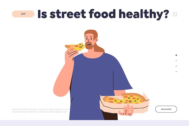 Young hipster man character eating takeaway pizza benefits of street food landing page design
