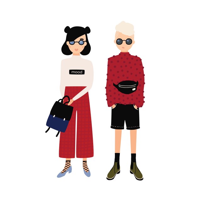 Premium Vector | Young hipster man and woman wearing trendy outfits. male  and female cartoon characters dressed in modern fashionable clothes.  stylish dating couple. colorful illustration in flat style