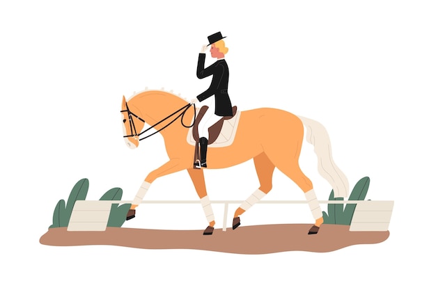 Vector young horsewoman at racecourse. professional equestrian competition, dressage performance. woman riding horse at tourney. female jockey at racehorse. flat vector cartoon illustration isolated on white