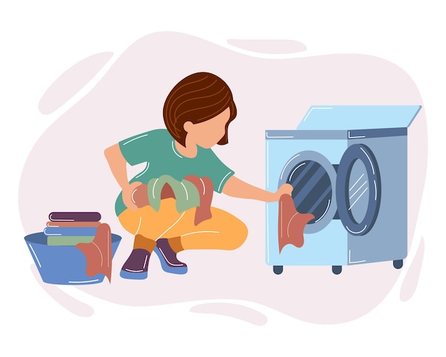 A young housewife woman puts laundry in the washing machine and laundry on a stool illustration