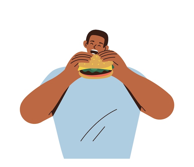 Personaggio dei cartoni animati giovane uomo affamato mangiare hamburger cibo spazzatura illustrazione vettoriale isolato su bianco