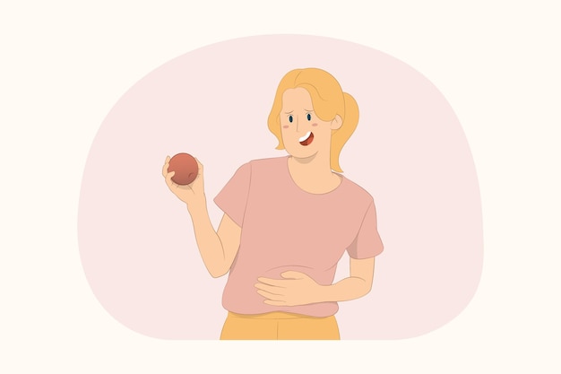 Vettore la giovane ragazza affamata tiene il concetto della frutta della mela