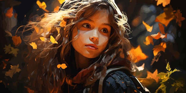 벡터 깊은 숲에서 젊은 사냥 모험 숲에서 활을 들고 있는 소녀 디지털 아트 스타일 일러스트레이션 그림
