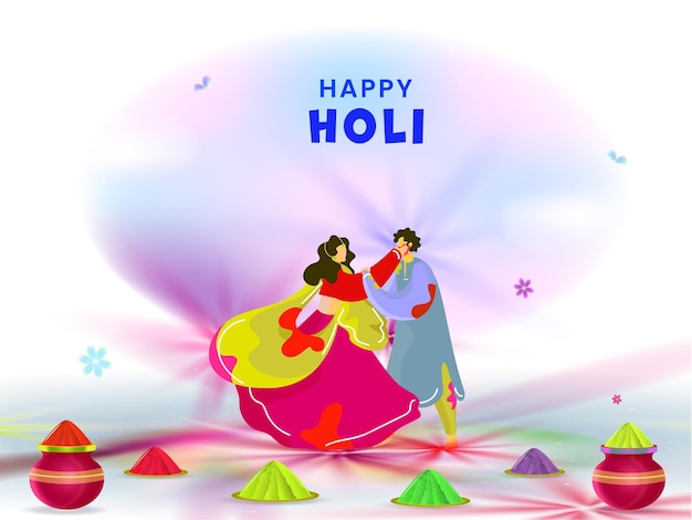 Vector young indian couple character in traditional attire playing with colors on glossy blurred color explosion background for happy holi celebration concept