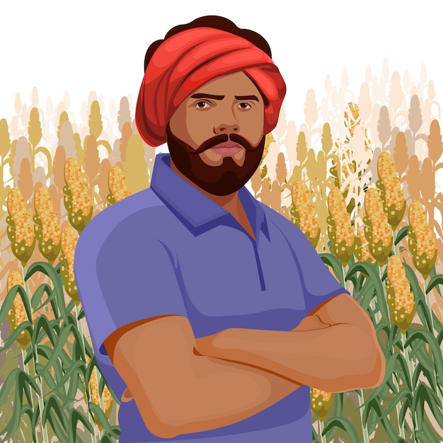Vector young indian farmer standing at the agricultural field