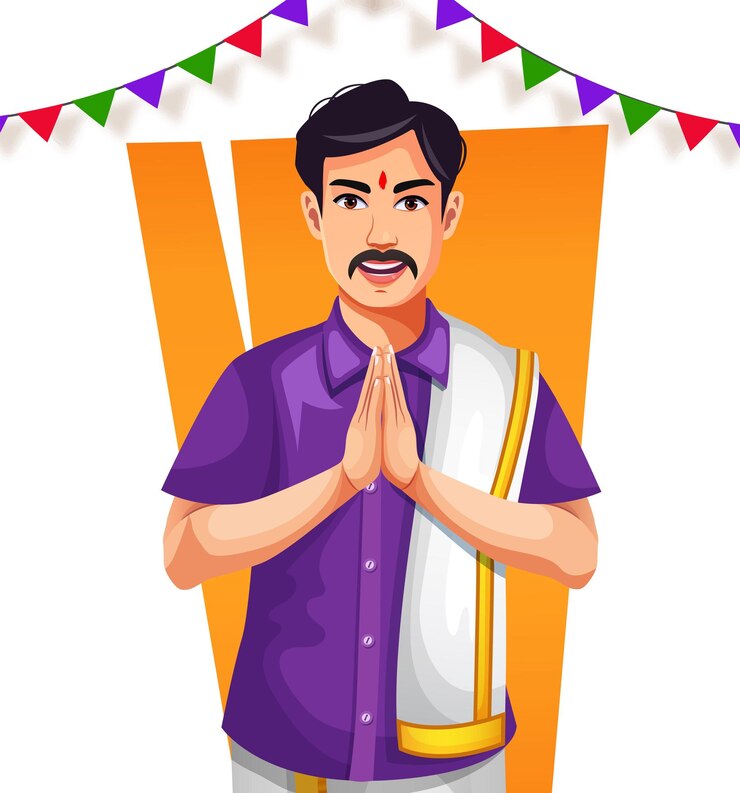 वेक्टर सोशल मीडिया या शादी के कार्ड के लिए नमस्ते करते या स्वागत करते युवा भारतीय पुरुष का कैरेक्टर