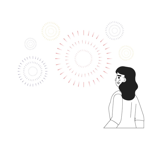 Young indian woman watching fireworks monochromatic flat vector character 15 august independence day Editable line half body person on white Simple bw cartoon spot image for web graphic design