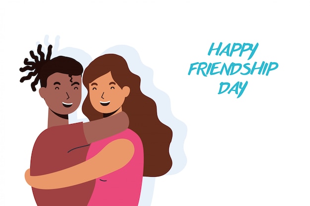 友情の日のお祝いの若い異人種間のカップルの文字